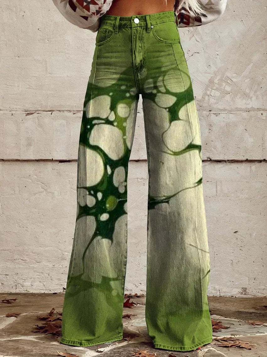 Green | Elephant Leg Pants with Retro Green Shades and Water Effect