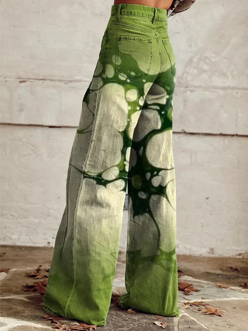 Green | Elephant Leg Pants with Retro Green Shades and Water Effect